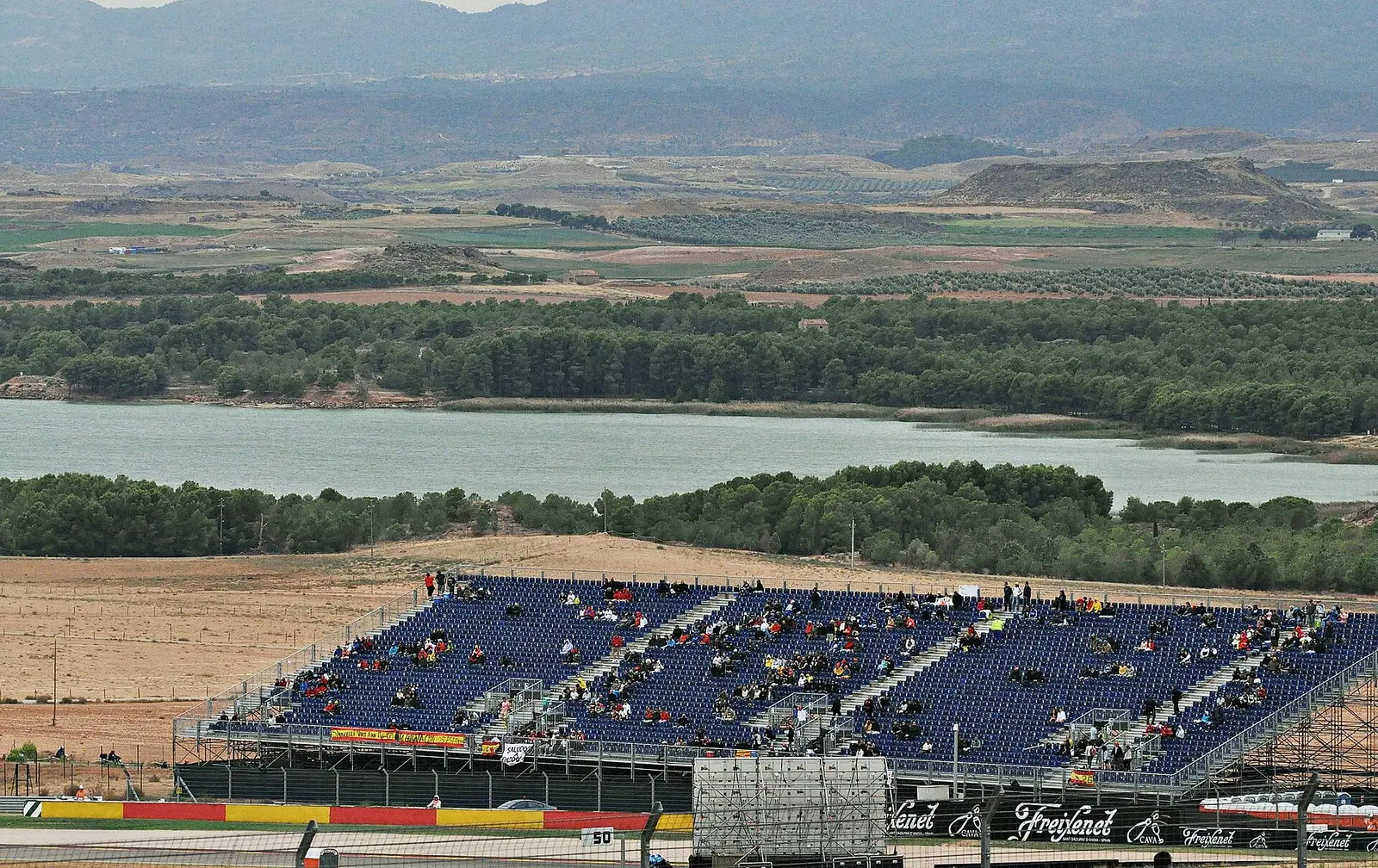 Grandstand and paddock at the MotorLand Aragon circuit in the Alcaniz hills