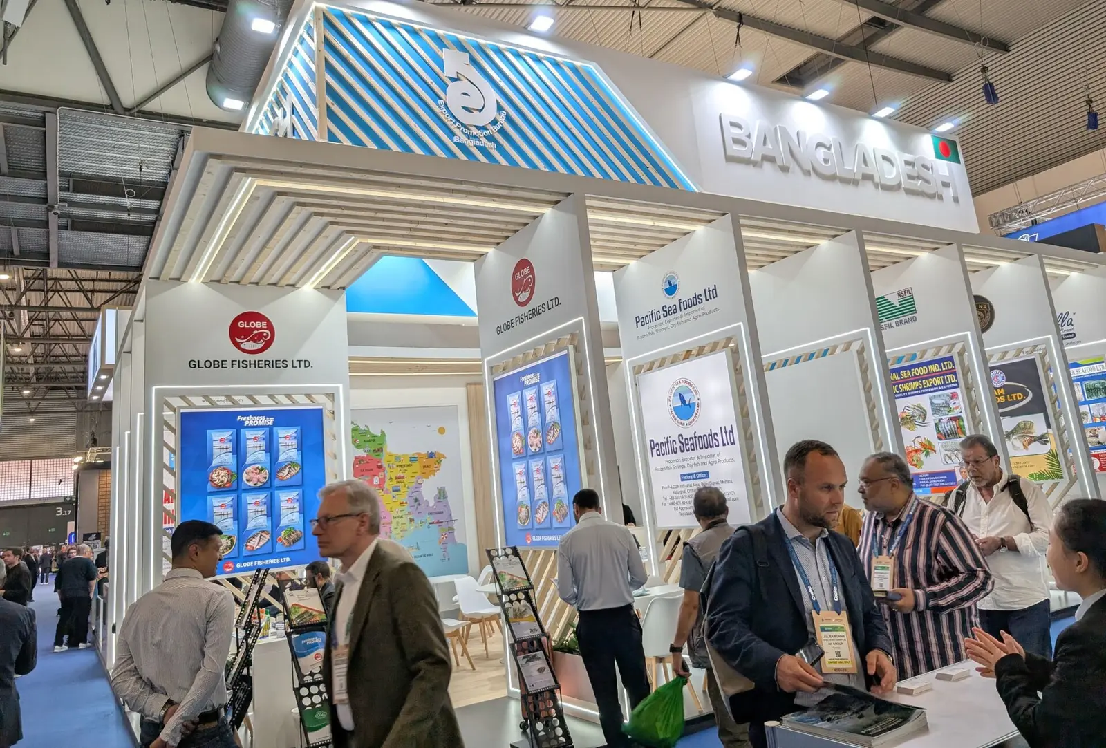 Country pavilion with visitors at Global Seafood Expo in Barcelona
